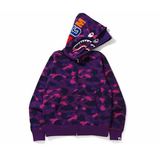 Camo Purple Shark Wide Full Zip Double Hoodie