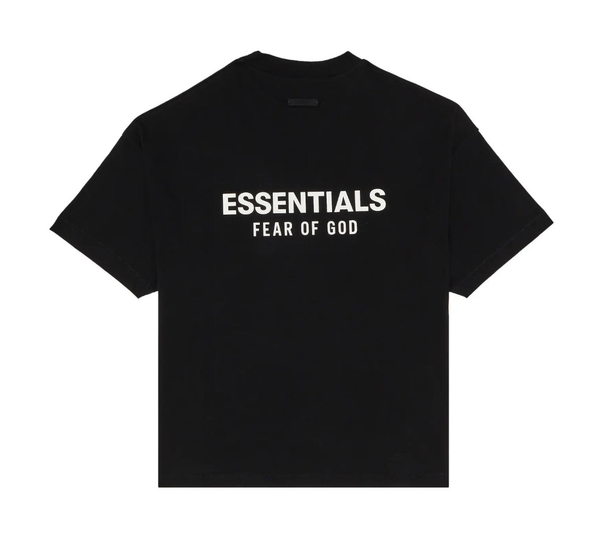 A black short-sleeve t-shirt with 'ESSENTIALS FEAR OF GOD' printed in white text across the chest, displayed flat against a solid white background.