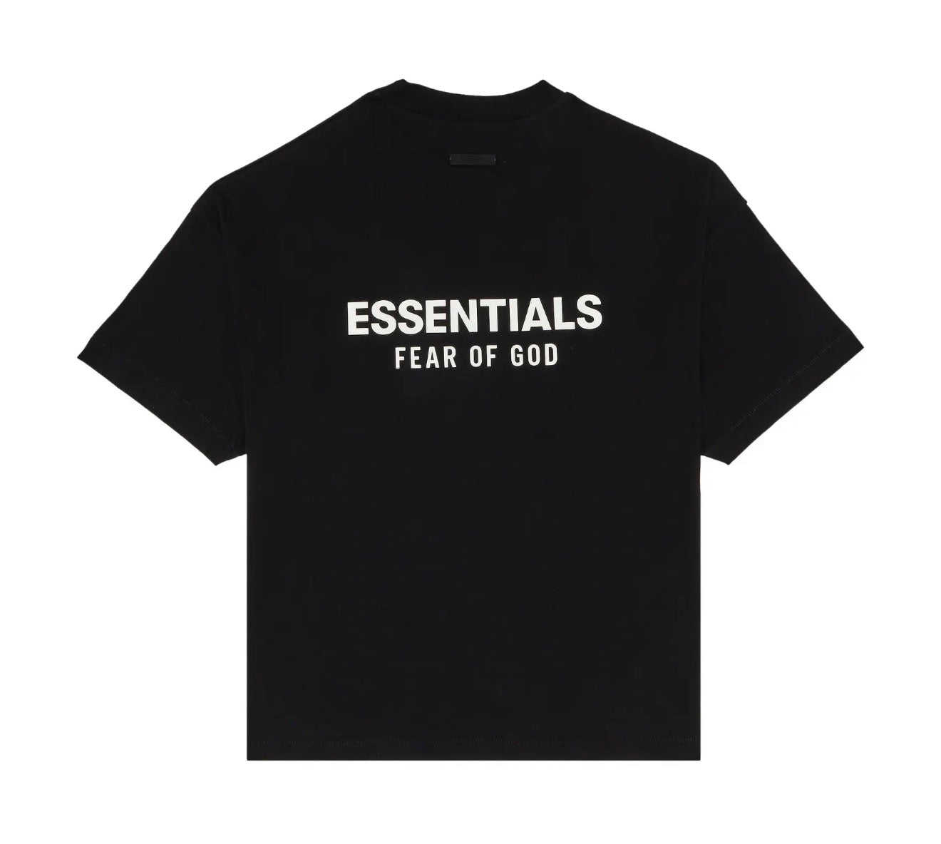 A black short-sleeve t-shirt with 'ESSENTIALS FEAR OF GOD' printed in white text across the chest, displayed flat against a solid white background.