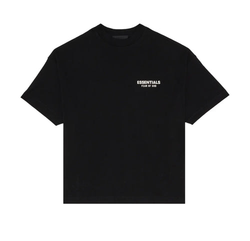 A black short-sleeve crewneck t-shirt with 'ESSENTIALS' printed in white on the left chest, displayed flat against a solid white background.