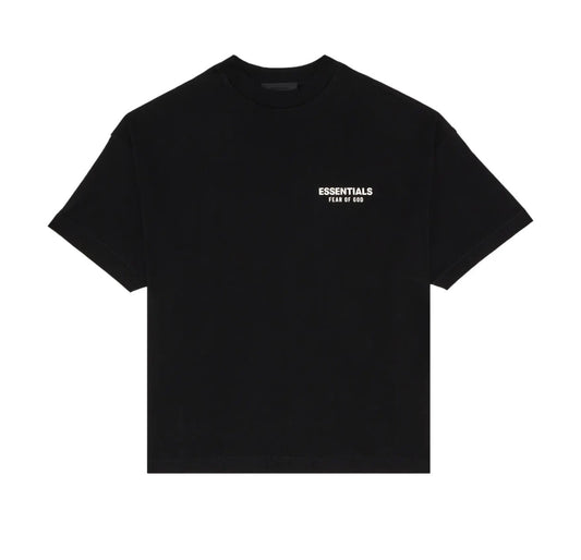 A black short-sleeve crewneck t-shirt with 'ESSENTIALS' printed in white on the left chest, displayed flat against a solid white background.