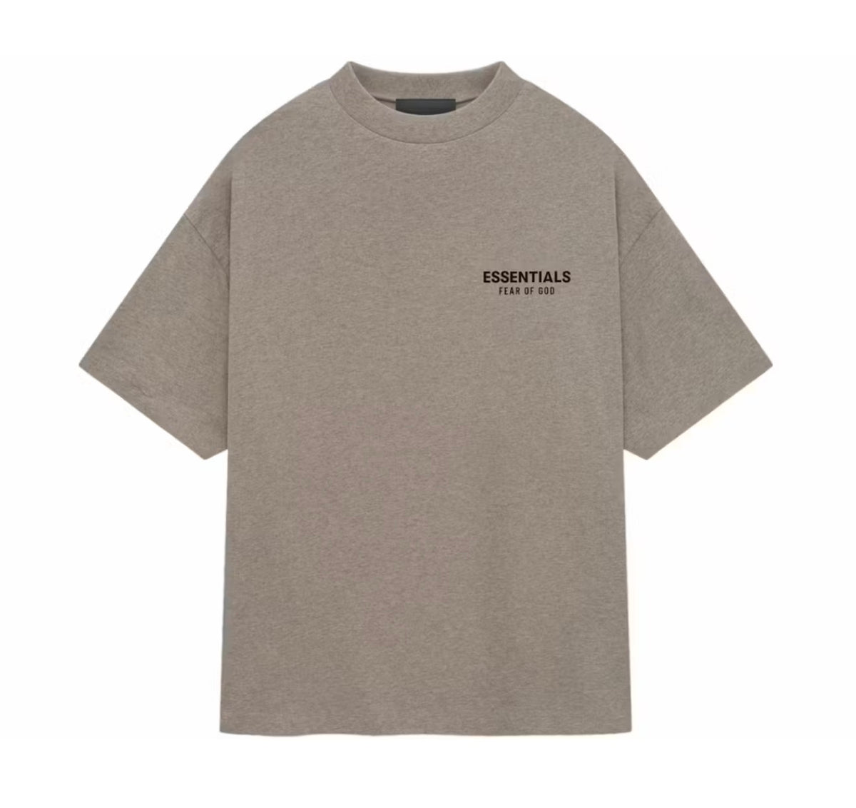 A light brown heathered short-sleeve t-shirt with 'ESSENTIALS FEAR OF GOD' printed in black on the left chest, displayed on a solid white background.