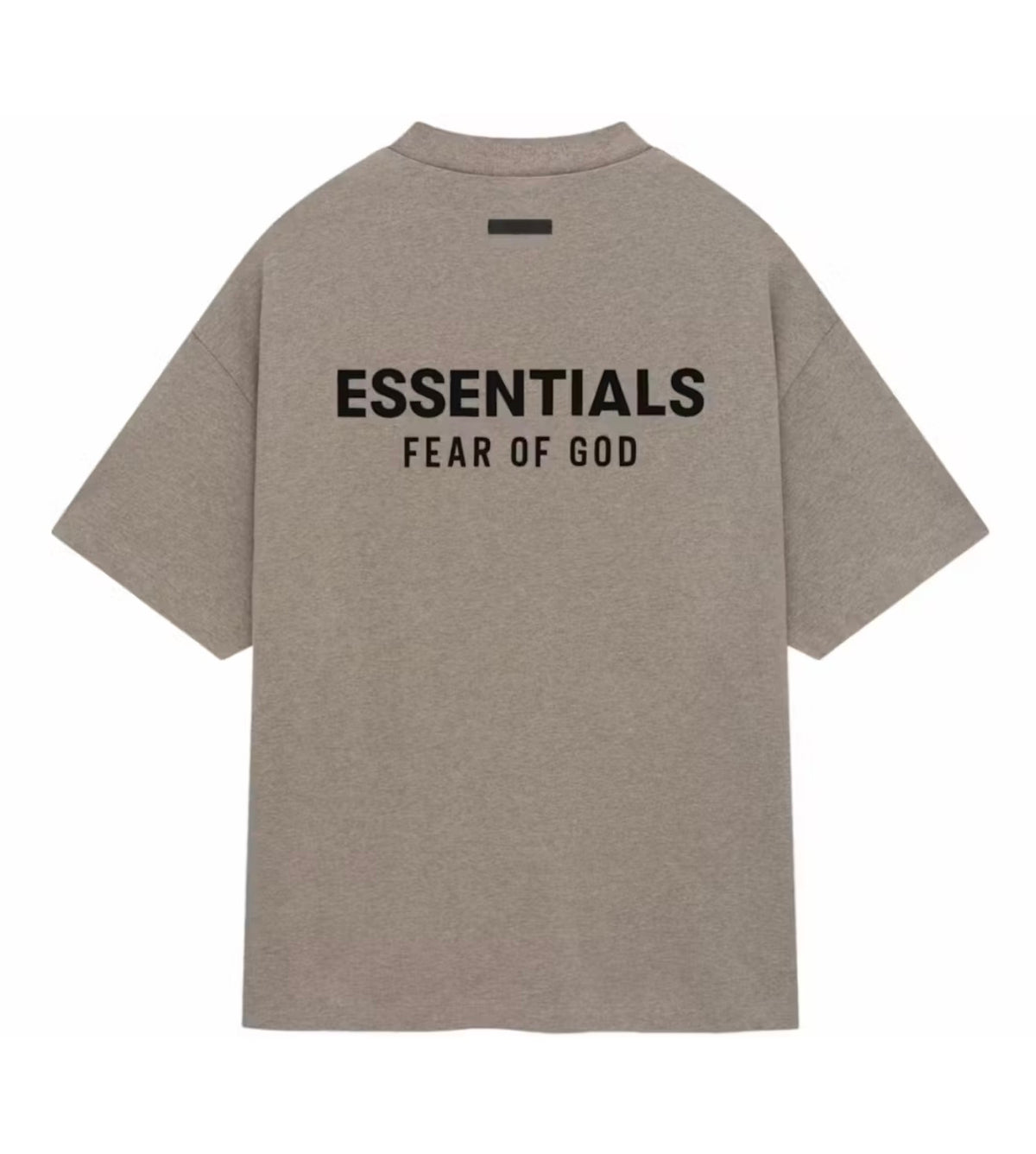 A heather taupe gray short-sleeve t-shirt shown from the back, featuring the black text 'ESSENTIALS FEAR OF GOD' printed across the upper back.
