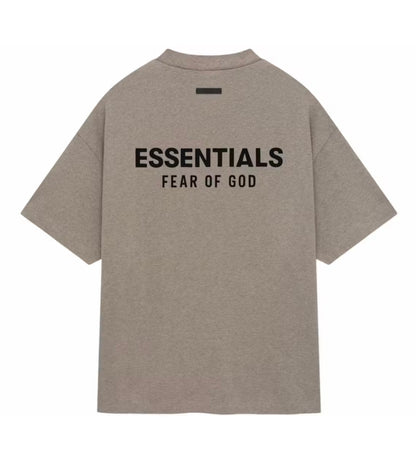 A heather taupe gray short-sleeve t-shirt shown from the back, featuring the black text 'ESSENTIALS FEAR OF GOD' printed across the upper back.