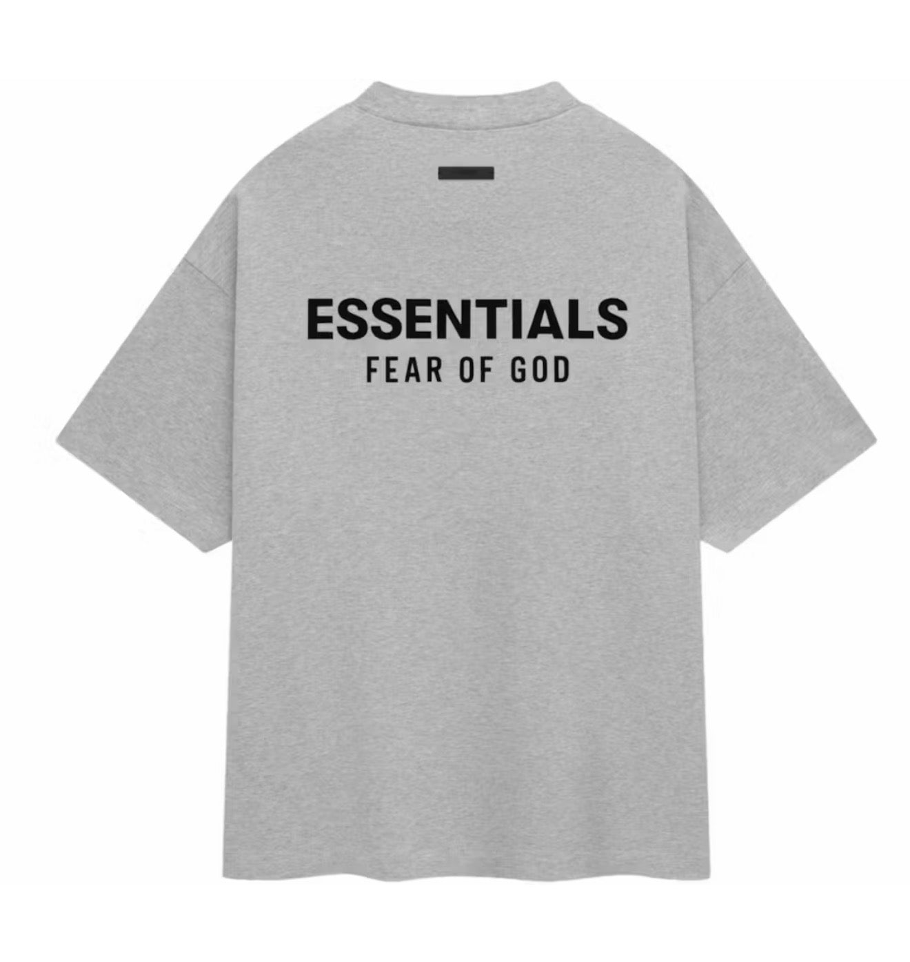 A light gray heather short-sleeve t-shirt with 'ESSENTIALS' and 'FEAR OF GOD' printed in black on the back, shown against a plain white background.