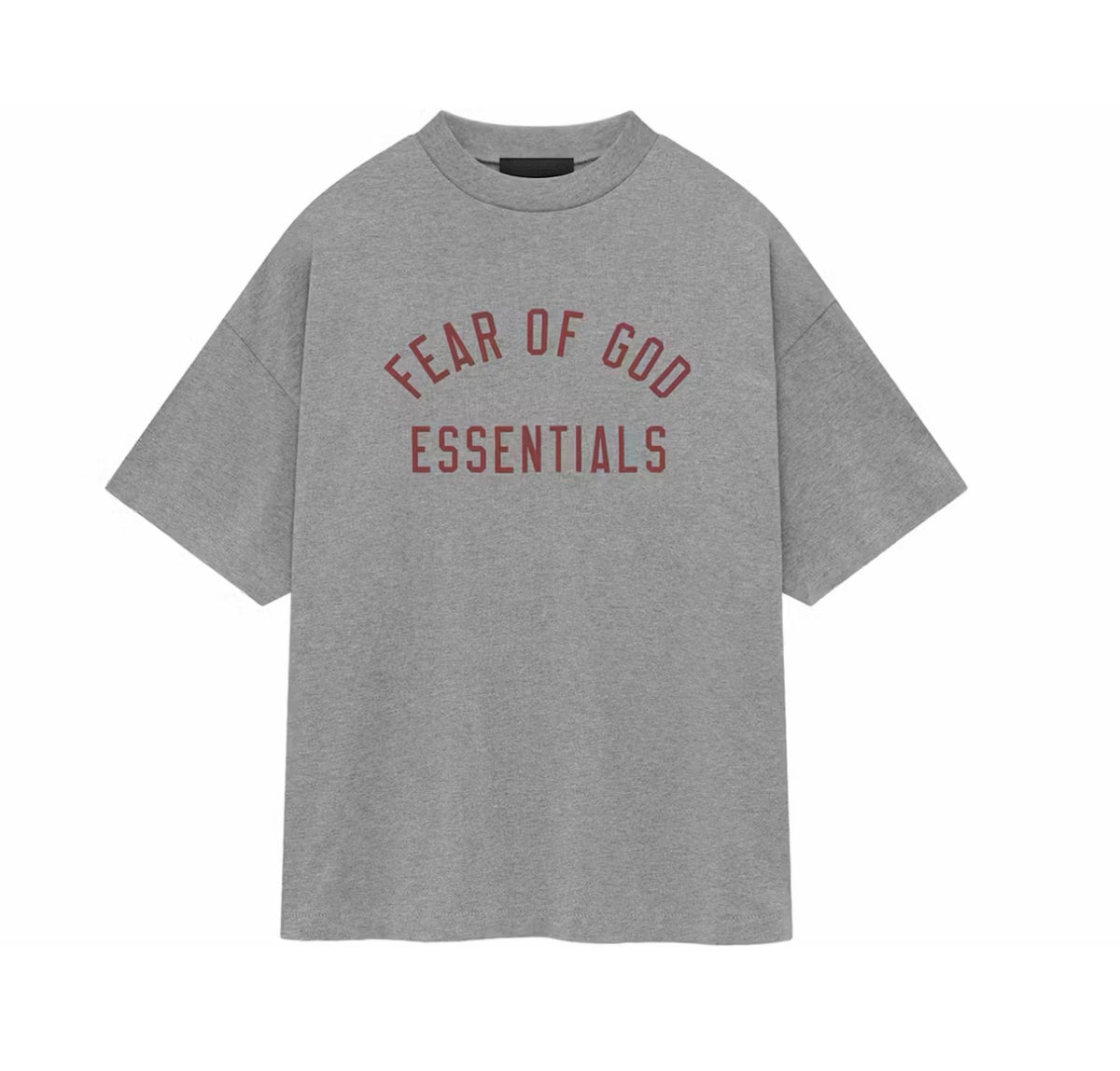 A heather gray short-sleeve t-shirt with 'FEAR OF GOD ESSENTIALS' printed in red arched text across the chest, displayed on a clean white background.