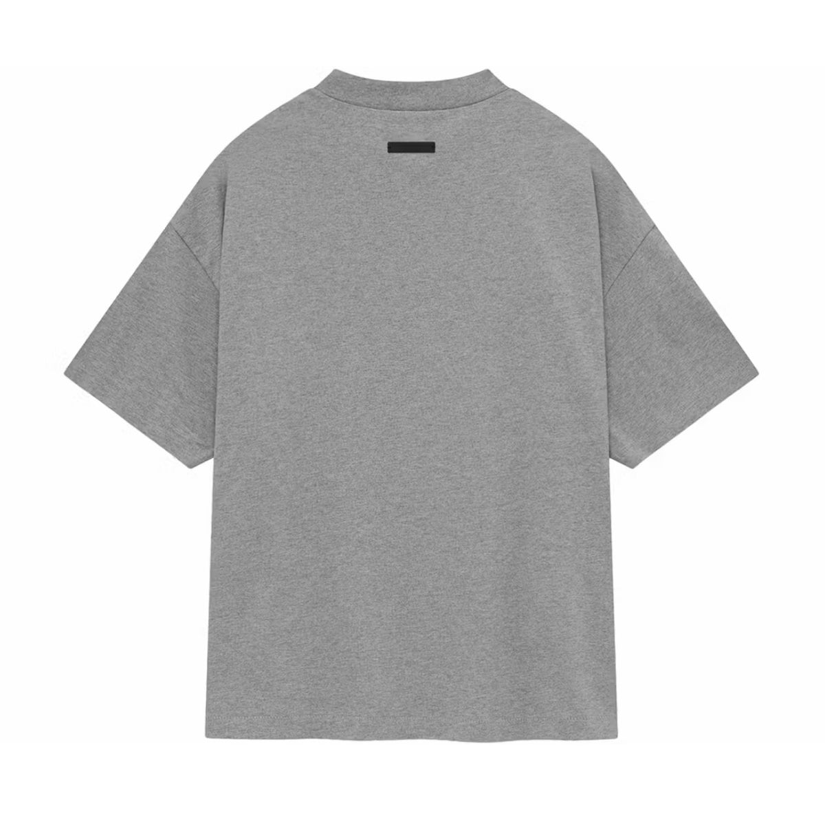 A heather gray short-sleeve t-shirt shown from the back, featuring an oversized fit and a small black rectangular label at the inner neck, set against a plain white background.