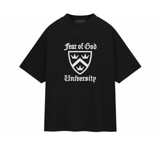 A black short-sleeve t-shirt with a white graphic print on the front reading 'Fear of God University' and featuring a shield crest with three crowns, shown against a plain white background.