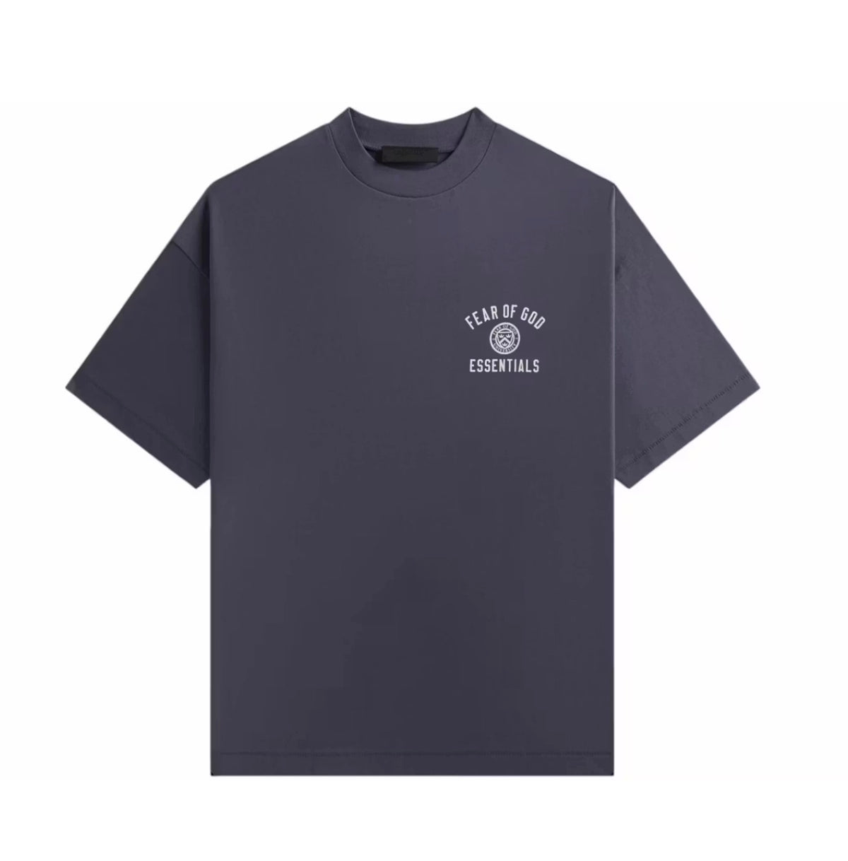 A heather taupe short-sleeve t-shirt shown from the back, featuring a small black rectangular label centered below the collar, set against a plain white background.