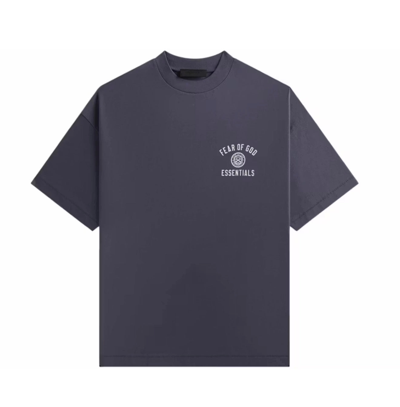 A heather taupe short-sleeve t-shirt shown from the back, featuring a small black rectangular label centered below the collar, set against a plain white background.