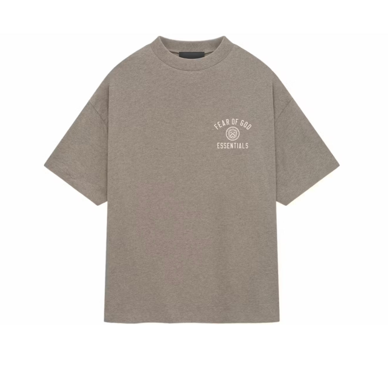A heather taupe gray short-sleeve t-shirt with a small white 'Fear of God Essentials' logo printed on the left chest, displayed flat against a solid white background.
